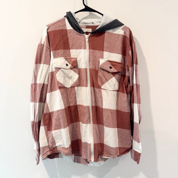 Womens Shacket Checkered Mauve Cream Hooded Womens Large - Picture 1 of 6